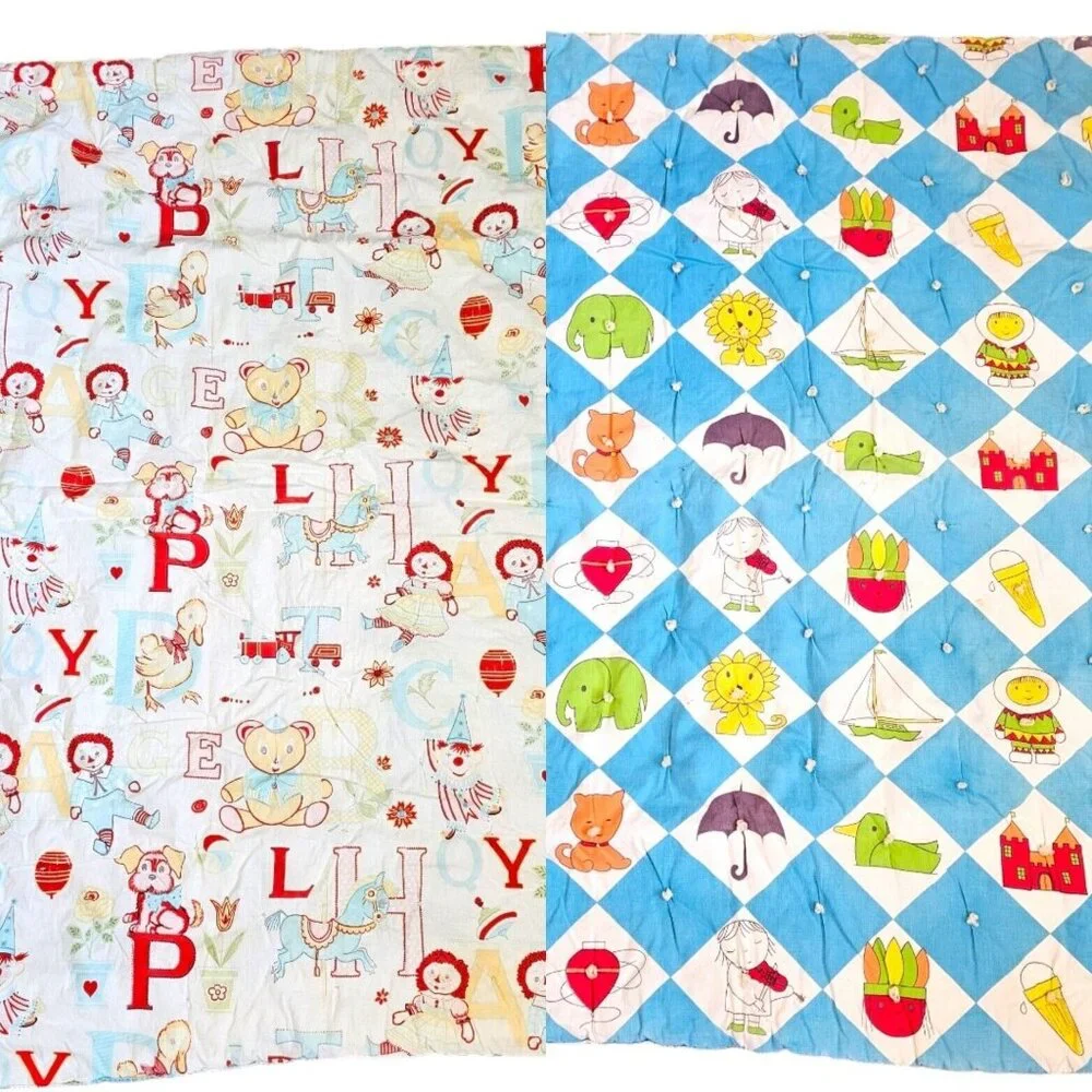 Vintage 60s 70s Kitschy Baby Quilt Blanket Reversible Alphabet Animals Checkered